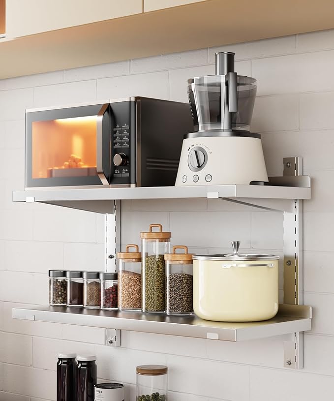 Stainless Steel Shelf 23.6 x 12.6 Commercial Floating Wall Shelf with Brackets 110Lb Capacity Adjustable Double-Layer Metal Heavy Duty Storage Rack for Restaurant Kitchen Home Bathroom