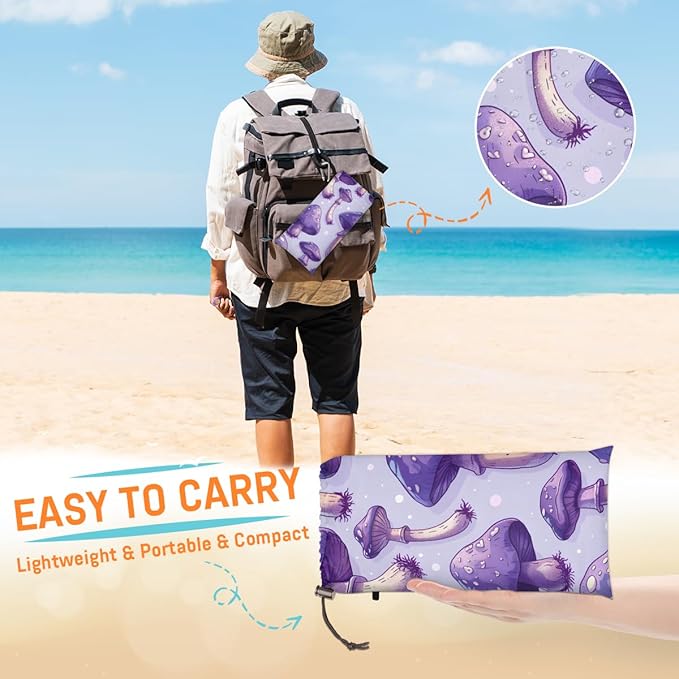 Waterproof Sandproof Beach Blanket 59''×68'' Mushrooms Polyester Outdoor Picnic Blanket with 4 Stakes &amp Storage Bag for BeachCampingVacation Purple