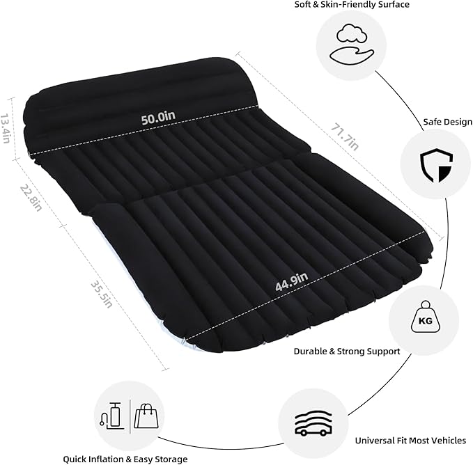SUV Car Air Mattress – Inflatable Back Seat Bed with Electric Air Pump Portable Camping Travel Sleeping Pad Blow Up Car Bed (Black for SUV)