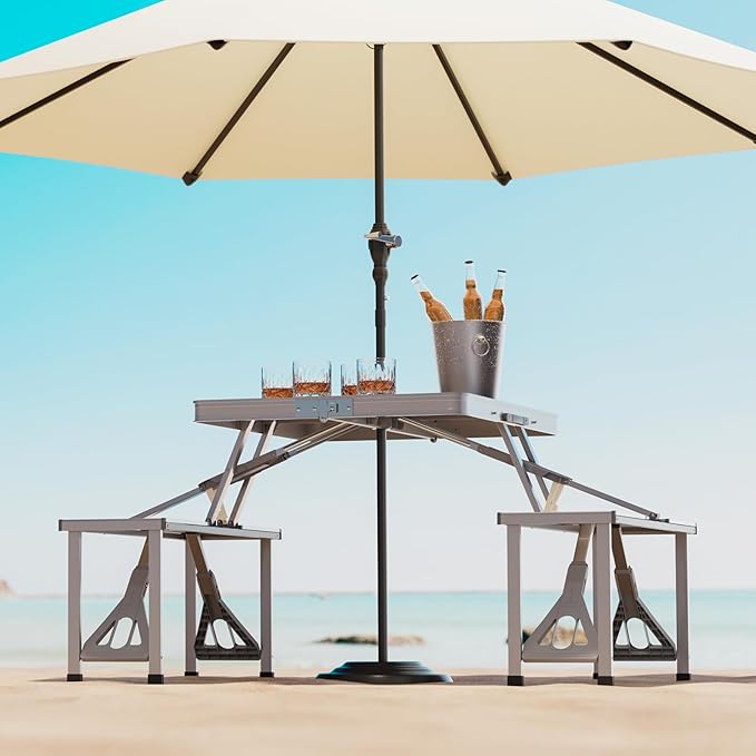 Magshion Folding Picnic Table with 4 Seats Portable Camping Table with Adjustable Height Umbrella Hole Easy Setup for Outdoor Tailgating &amp Travel Silver