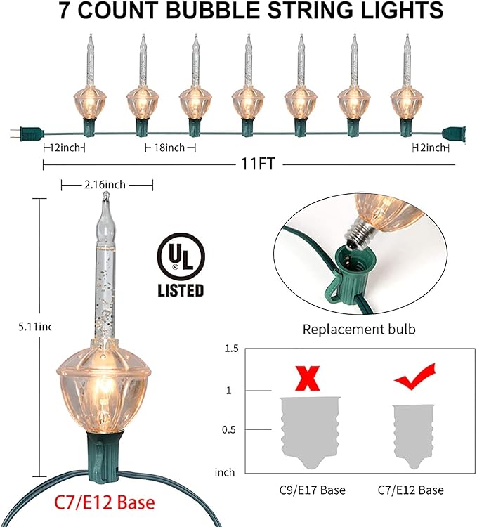 Christmas Bubble Lights - 7 Tradtional Bubble Light (2 Pack) Set 7 Clear Bubble Fluids with Silver Glitter Green Wire Traditional Christmas Lighting for Christmas Tree Holiday