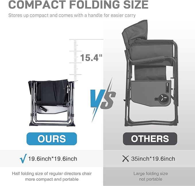 EVER ADVANCED Camping Directors' Chair with Side Table Portable Folding with Compact Size Heavy Duty Lawn Chair with Pocket for Camping Lawn Sports and Fishing 400lbs Black 2 Pack