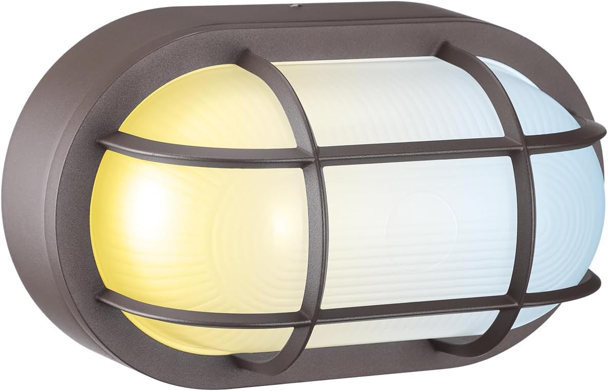 LEONLITE Dusk to Dawn 10 Integrated LED Bulkhead Light 3CCT 20W/16W/12W Nautical Outdoor Lighting Auto on/Off Photocell Oval Bulkhead Wall Light 120–277V IP65 UL Listed Aluminum