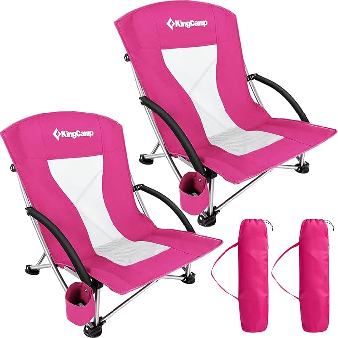 KingCamp Low Beach Chair 2 Pack Folding Portable Lightweight Backpack Chair for Adults with Cup Holder Pocket Carry Bag for Outdoor Camping Concert Festival Travel Sports Lawn Sand Rose