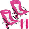 KingCamp Low Beach Chair 2 Pack Folding Portable Lightweight Backpack Chair for Adults with Cup Holder Pocket Carry Bag for Outdoor Camping Concert Festival Travel Sports Lawn Sand Rose