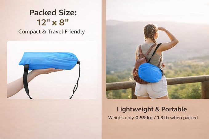 Inflatable Lounger Chair with Glow Edge Portable Air Sofa for Adults &amp Kids No Pump Needed Lightweight Folding Camping Chair for Beach Poolside Backyard Travel – Includes Carry Bag