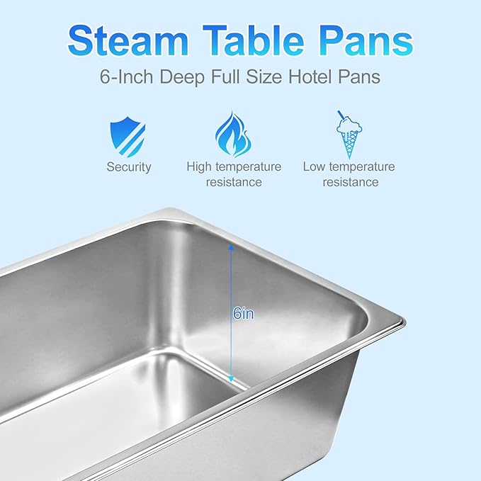 6 Pack Full Size Steam Table PansStainless Steel Hotel Pan1/1 6 Inch Deep Anti Jam Commercial Table Pan20.8 L x 13 W Catering Pans Food Pans for Hotels Restaurants and Home Use