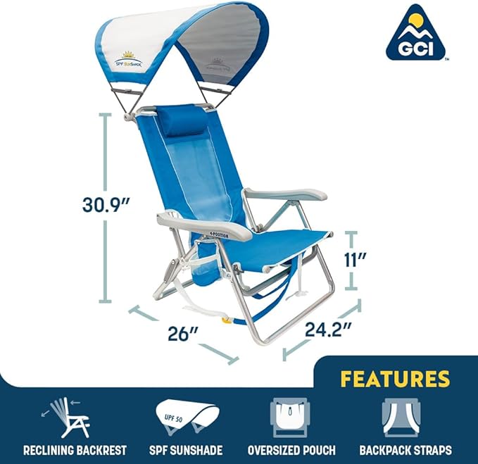 GCI Outdoor Sunshade Backpack Beach Chair | Reclining Folding Canopy Chair with Durable Armrests Drink Holder &amp Carry Straps Perfect for Beach Trips &amp Picnics — Saybrook Blue