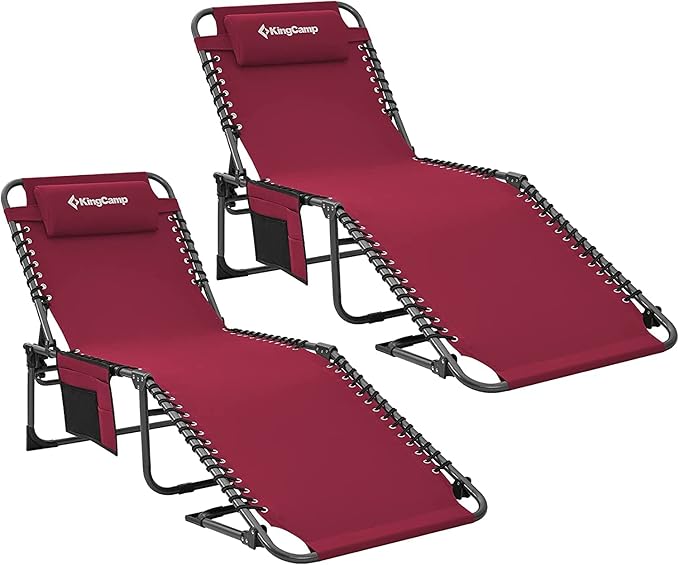 KingCamp Chaise Lounge Outdoor 5-Position Adjustable Patio Lounge ChairFolding Tanning Chair for LawnBeachPool and SunbathingPortable Heavy-Duty Camping Reclining Chair with Pillow (2 Wine)