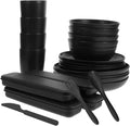 KICHOUSE 4sets Portable Camping Picnic Utensil Bowl Black Dinnerware Cutlery Case Rv Dishes Easy to Clean