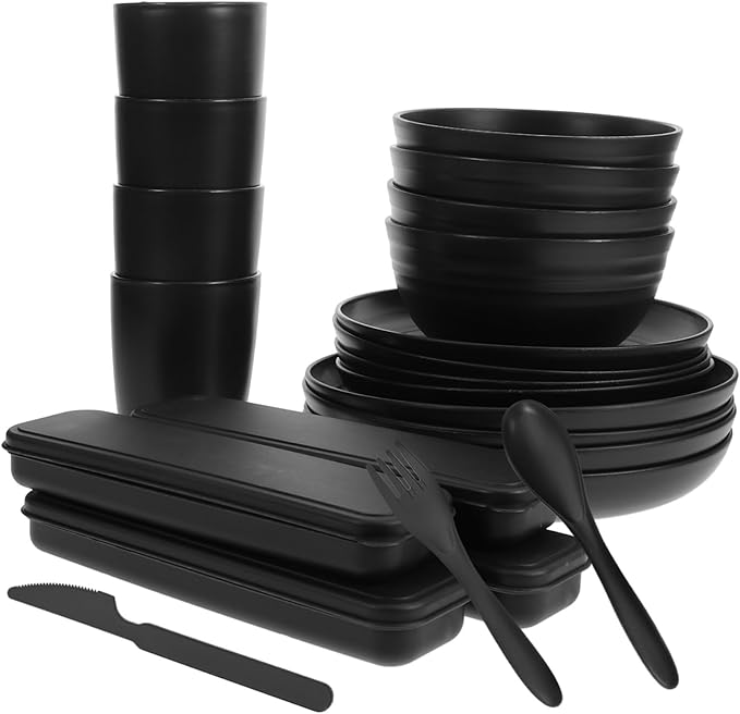 KICHOUSE 4sets Portable Camping Picnic Utensil Bowl Black Dinnerware Cutlery Case Rv Dishes Easy to Clean