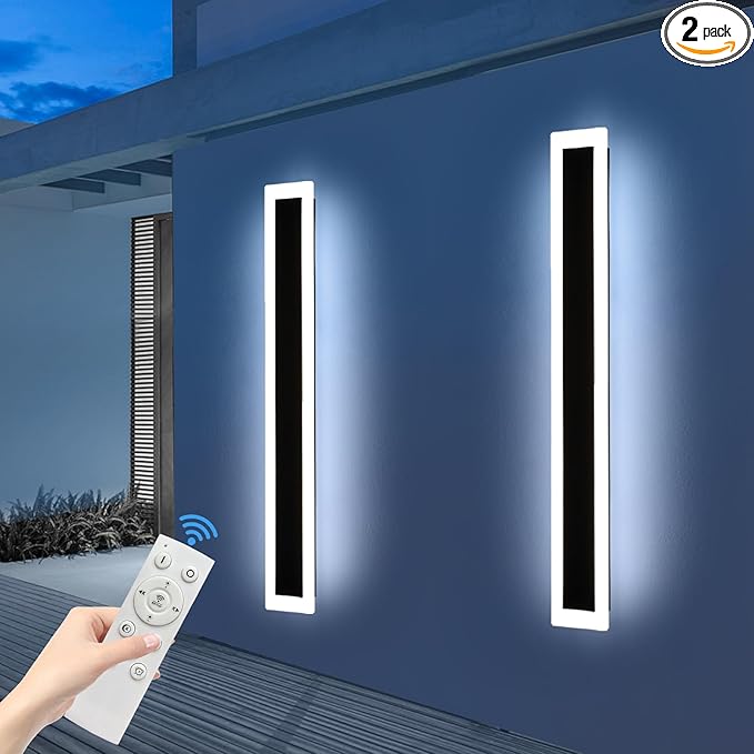 Upgrade Widened 2 Pack 57inch Long Modern Outdoor Wall Light Dimmable 3000K-6000K IP65 Waterproof Exterior Wall Sconces 50W Black LED Wall Mount Light for Home Yard Garden with Remote Control