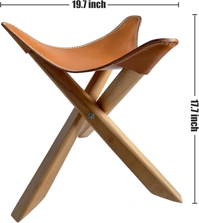 Leather Stool Portable Beech Wood Artist Folding Stool Italian Top Vegetable Tanned Leather Seat Home Fashion Genuine Leather Director’s Stool for Home Outdoor Camping Fishing (Three Leg)