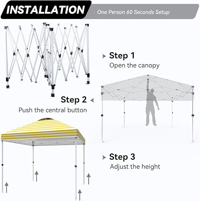 Nazhura 10' x 10' Pop Up Canopy with Sand Weight Bag Awing for Patio Freestanding Sun Shelter for Picnic and Camping One Person Setup White (Yellow Stripe)
