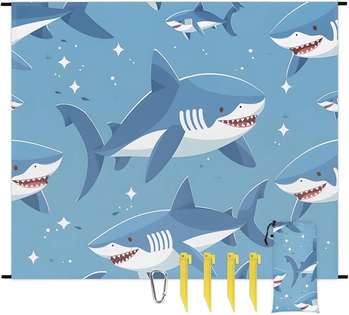 Waterproof Sandproof Beach Blanket 59''×68'' Ocean Sharks Polyester Outdoor Picnic Blanket with 4 Stakes &amp Storage Bag for BeachCampingVacation Blue