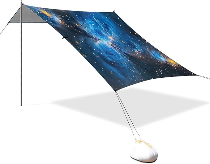 Blue Starry Sky Beach Tent Sun Shelter 9.2' x 10.5' Beach Canopy with 4 Sandbags 4 Stability Poles Sand Shovels - Tent Canopy for Beach Camping Fishing Picnics