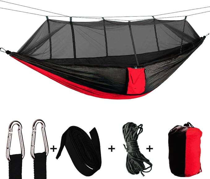 Portable Camping Hammock with Mosquito Net - 7 Colors (Red/Black)