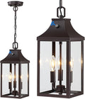 15.5'' Large Outdoor Pendant Light Fixtures 3-Light Dusk to Dawn Exterior Hanging Lantern Porch Light Adjustable Brown Hanging Lamp Farmhouse Exterior Chandelier Ceiling Mount for Entrance Patio