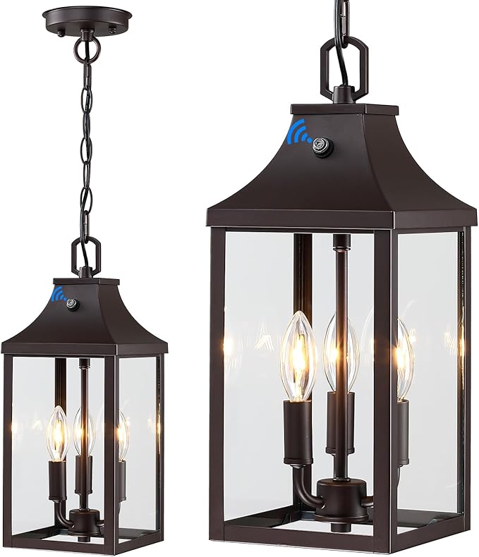 15.5'' Large Outdoor Pendant Light Fixtures 3-Light Dusk to Dawn Exterior Hanging Lantern Porch Light Adjustable Brown Hanging Lamp Farmhouse Exterior Chandelier Ceiling Mount for Entrance Patio