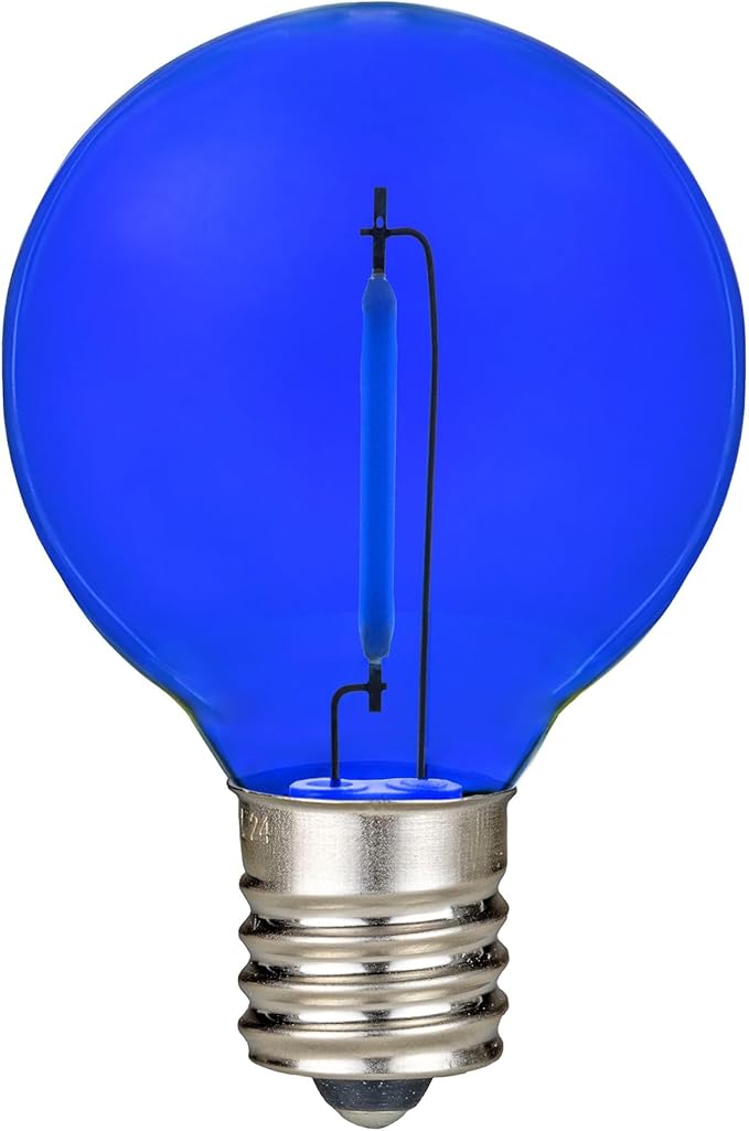 Novelty Lights 25 Pack Blue G40 LED Filament String Light Bulbs E12/C7 Candelabra Base 5 Watt Equivalent Shatterproof Replacement Bulbs for Patios Canopy Lighting