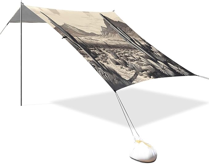 Cactus Desert Pattern Beach Tent Sun Shelter 9.2' x 10.5' Beach Canopy with 4 Sandbags 4 Stability Poles Sand Shovels - Tent Canopy for Beach Camping Fishing Picnics