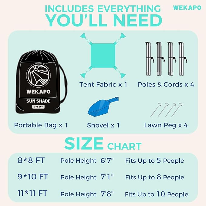 WEKAPO Beach Tent Sun Shelter - Easy Setup Beach Canopy with 4 Sturdy Poles Large Sandbags and Shovel 6'7'' Tall Windproof Sun Shade for Backyard and Camping UPF 50+ Protection