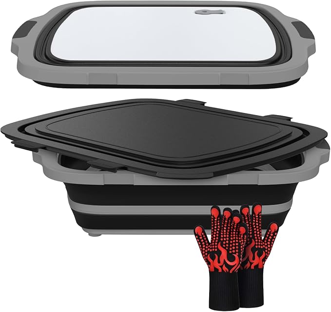 XL Collapsible BBQ Prep Tub with Cutting Board &amp Drain Plug – Portable Food Prep Station for Kitchen Camping &amp Grill – Dishwasher Safe Space-Saving Design – Heat-Resistant Glove Included (Bl