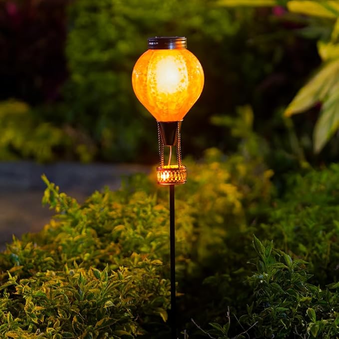 Outdoor Solar Lights Waterproof with Hot Air Balloon Flickering Flame Solar Garden Light Glass Landscape Lamp Stake Lights Outside Decor for Pathway Walkway Yard Patio