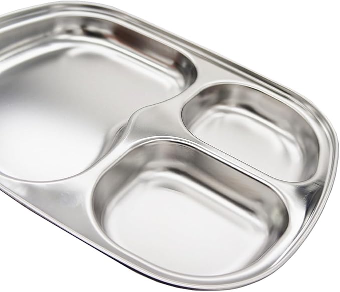 Korean Stainless Steel Divided Plates for Toddlers Kids Babies Premium 304 Electro-Polished No Black Residue BPA-Free 3-Compartment Plate Food Tray for Camping Balanced Meals Set of 2