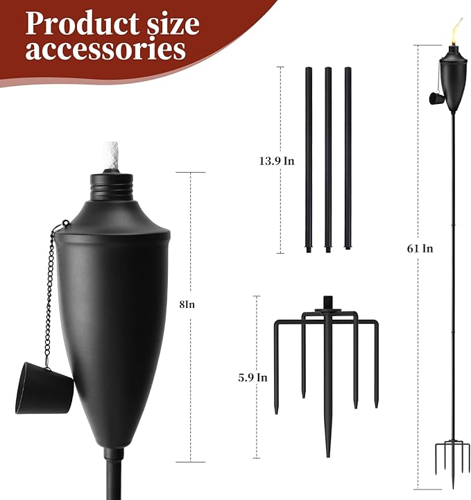 Home Garden Torch Set of 4 Large Capacity 22oz Outdoor Metal Torch Garden Décor 61 in Upgraded Citronella Torches with 5-Prong Grounded Stake Torches for Party Patio Pathway
