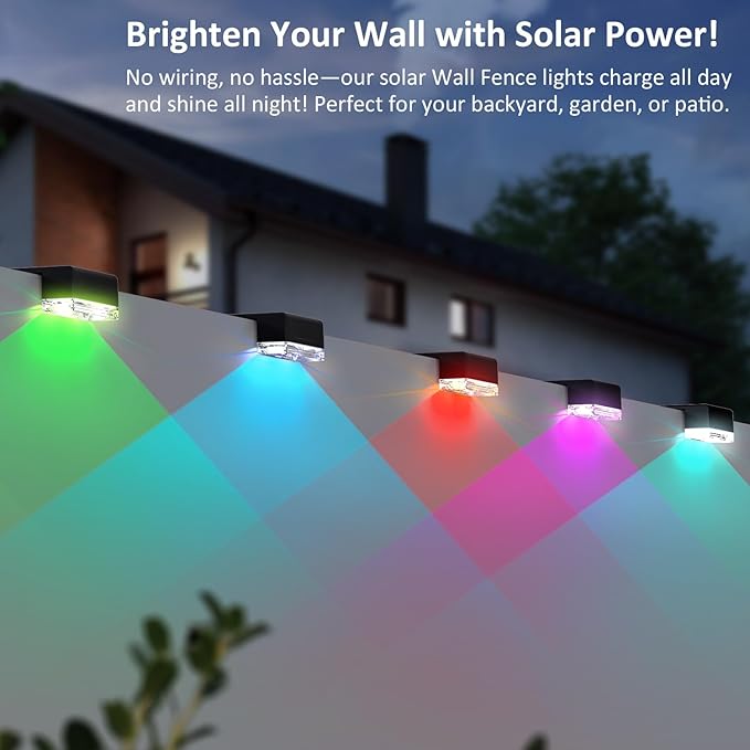 12PK Solar Fence Lights Outdoor Waterproof LED - Warm White &amp RGB 6 Color Dusk to Dawn Deck Light IP65 Waterproof Garden Lights for Outside/Backyard/Railing/Step/Patio/Wall