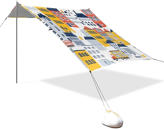 Hand Drawing Building Truck Camping Sun Shelter Beach Tent Portable Beach Sun Shade Outdoor Canopy for Camping Trips Fishing Picnic