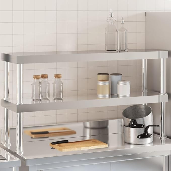 Stainless Steel Work Table Overshelf 2-Tier 43.3x11.8x25.6 for Kitchen Restaurant Prep Space Durable Mountable Storage Rack