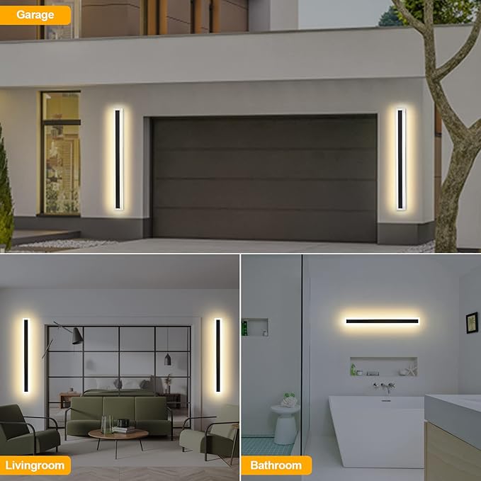 2Pack Outdoor Wall Lights 32inch 24W IP65 Frosted Acrylic LED Modern Wall Lamp Fixture Rectangular Black Wall Lights Suitable for Bathroom Balcony Porch Courtyard