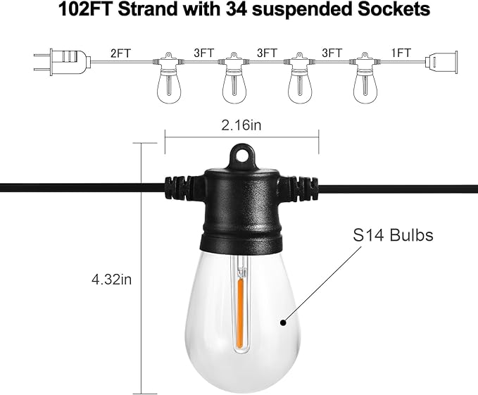Banord 102FT Outdoor String Lights Waterproof Patio Lights with 35 Shatterproof LED Bulb Hanging Light String Black String Light Vintage Party Lights for Garden Backyard Porch Cafe Deck Wedding