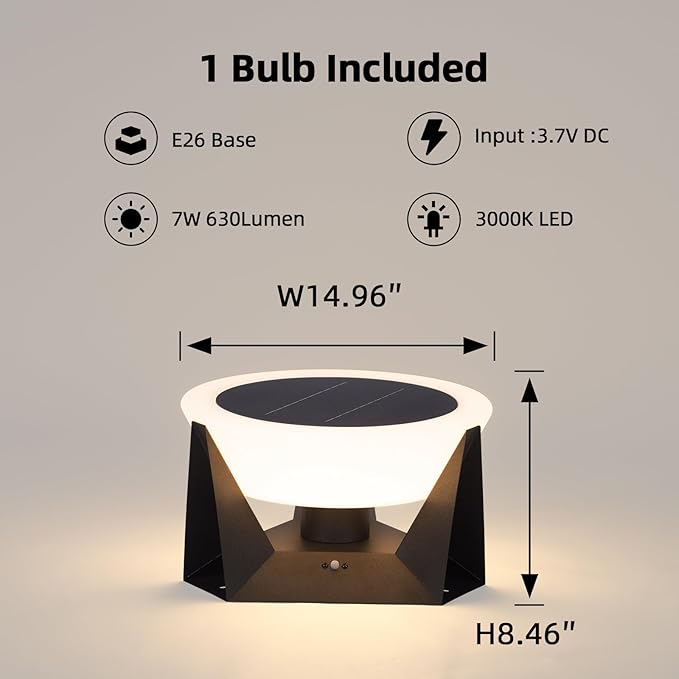 Solar Post Lights Outdoor 15x15 IP54 Waterproof Solar Lamp Post Light E26 LED Bulb Pillar Lights Outdoor Dusk to Dawn Column Lighting Lanterns for Posts Outside Deck Patio Garden Fence