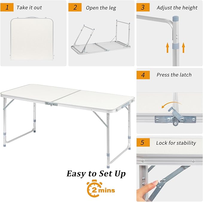 Folding Table 4 FootPortable Camping Camping with Handle3 Height AdjustableAluminium Alloy Dining Card Table Picnic Party Table for Banquet Party Dining Picnic Camp Kitchen BBQSilver 4 FT