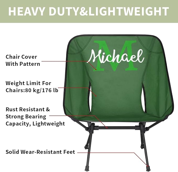 Custom Green Portable Camping Chair Personalized Backpacking Chair with Name Lightweight Foldable Chairs for Hiking Beach