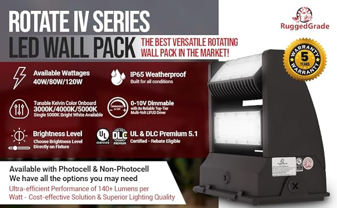 RuggedGrade 120W - Rotate IV Series LED Wall Pack - 17100 Lumens - 4000K Natural White - Outdoor LED Wall Light - Brown - DLC 5.1 Premium