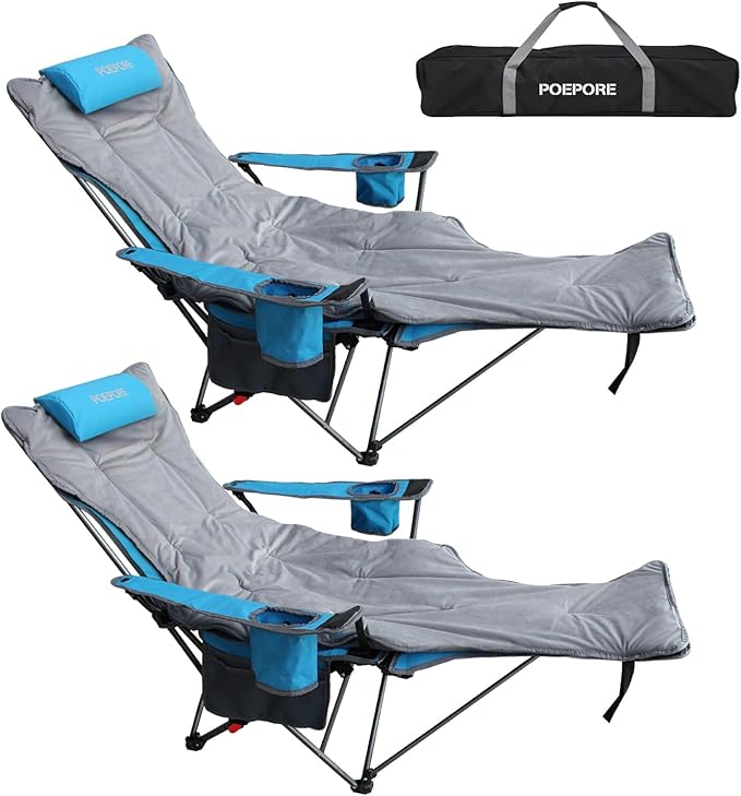Reclining Camping Chair with Removable Footrest Lounge Chair with Headrest Cotton Cushion Portable Adjustable Folding Chairs