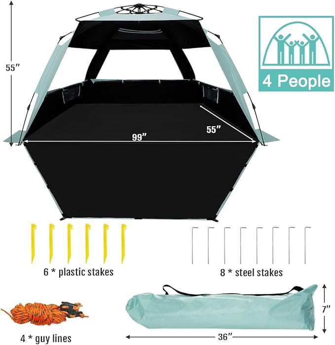 WhiteFang Deluxe Pop Up Beach Tent Sun Shade Shelter for 3-4/5-6 Person UV Protection Extendable Floor with 3 Ventilating Windows Plus Carrying Bag Stakes and Guy Lines