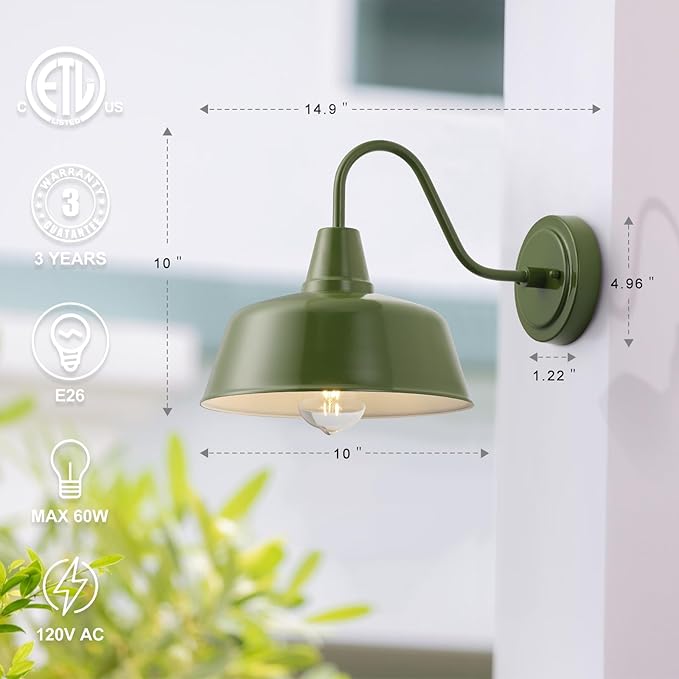 10-Inch Olive Green Gooseneck Barn Lights (2-Pack) - Rustic Outdoor Wall Sconces for Farmhouse Porch &amp Garage Weather-Resistant Metal Exterior Light Fixture with Dome Shade