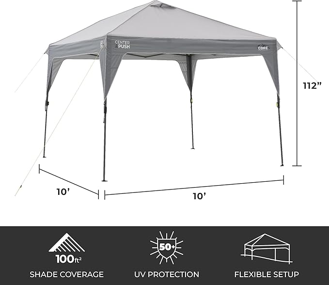 CORE 10 FT x 10 FT Instant Pop Up Canopy Tent | Portable Straight Leg Outdoor Gazebo Shelter with Wheeled Carry Bag | Perfect for Camping Beach Picnic Backyards BBQ Tailgate Patio and Party