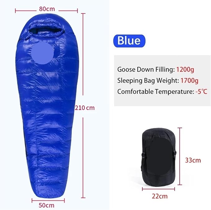 Sleeping Bag White Goose Down Sleeping Bag Camping Filled Men Warm for Travel Hiking for Adult(Blue 1200g)