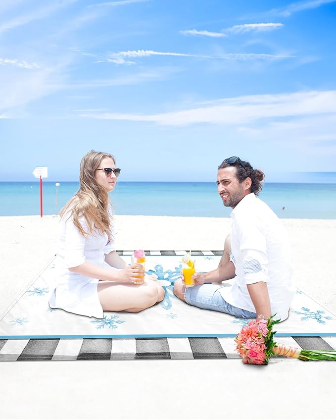 Beach Blanket Waterproof Sandproof OversizedBlue Snowflake Merry Christmas Beach Mat with Corner Stakes Sand PocketsWinter Snow Checker Outdoor Picnic Mat for Travel Camping Hiking 95x80In
