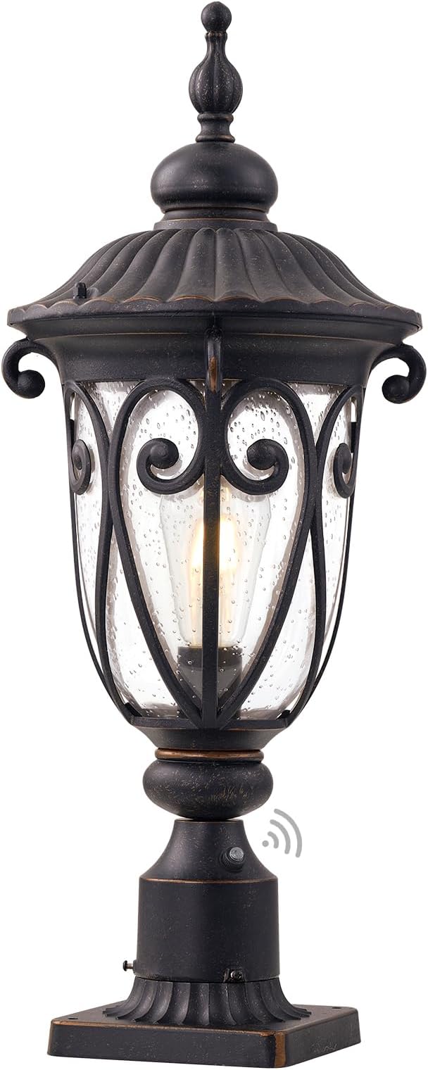 24 Inch High Outdoor Post Light Fixture with Dusk to Dawn Sensor Bronze Post Lantern with Pier Mount Exterior Pole Lighting with Seeded Glass for Yard Garden Patio and Pathway LMMS0519-M