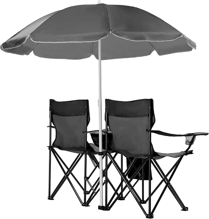 Double Folding Camping Chair W/Umbrella Fold Up Table Beverage Holder Carrying Bag Cooler for Patio Pool Park Outdoor Beach Picnic Portable (Black)
