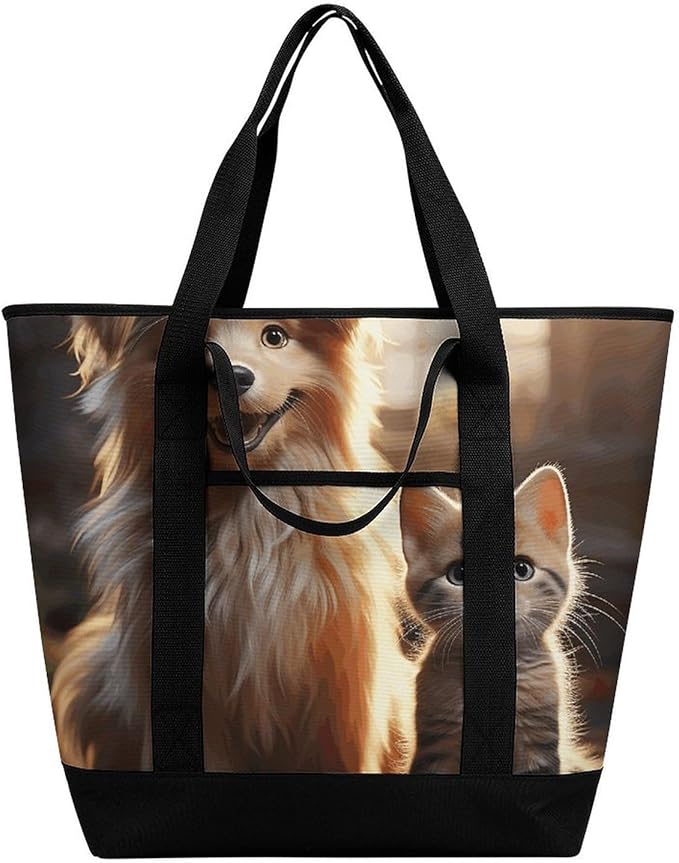 Insulated Shopping BagLarge Reusable Cooler Bags Dogs And Cats Printed Foldable Shopping BagTravel Waterproof Shoulder Bag