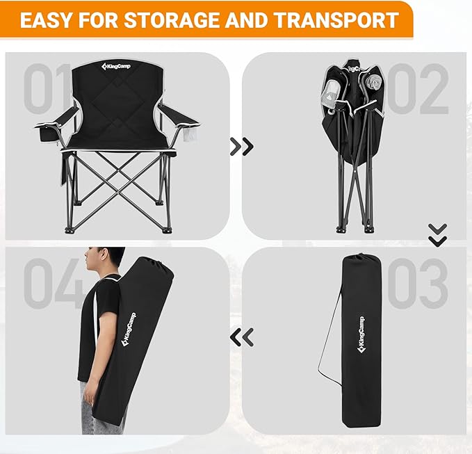 KingCamp Portable Folding Camping Quad Chair Oversized Fully Cushioned Seat with Side Pocket and Cup Holder for Tailgates Beach Lawn