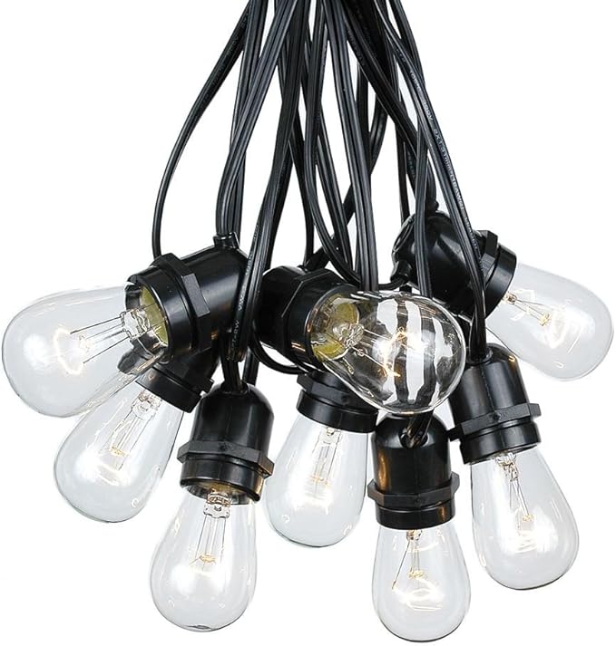 Novelty Lights 37.5 Feet 25 in-Line E26 Sockets S14 String Light Set with Clear Incandescent Bulbs Heavy Duty Black Wire Patio Lights Weather Resistant End-to-End Connectable